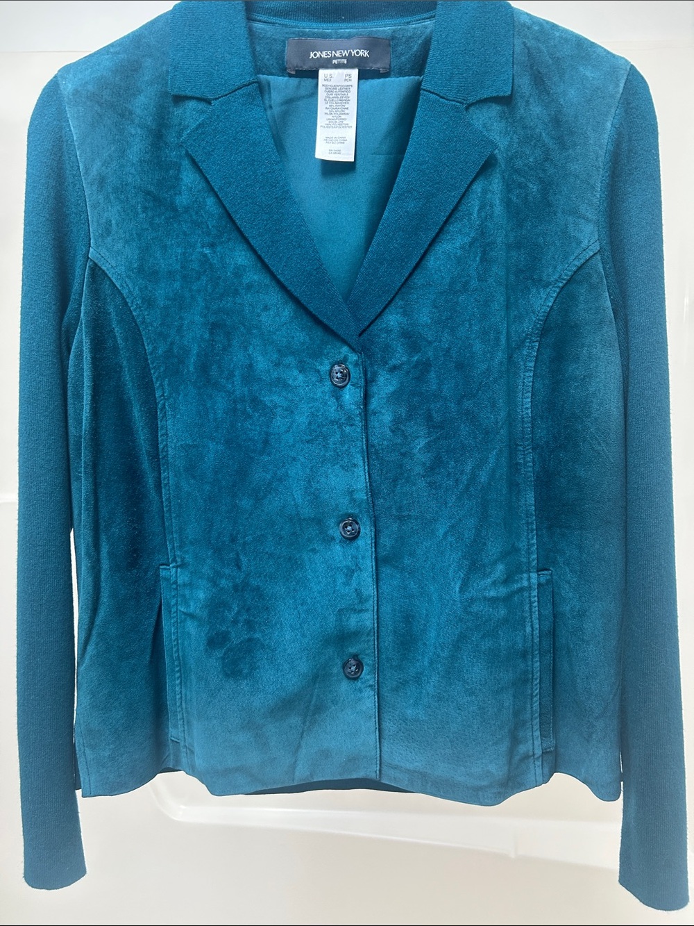 Jones New York Teal Suede-Front and Back Button Jacket. Size PS